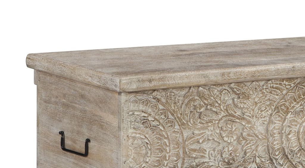 Medallion Pattern Wooden Storage Bench, Hinged Opening, Antique White, Black - View 2