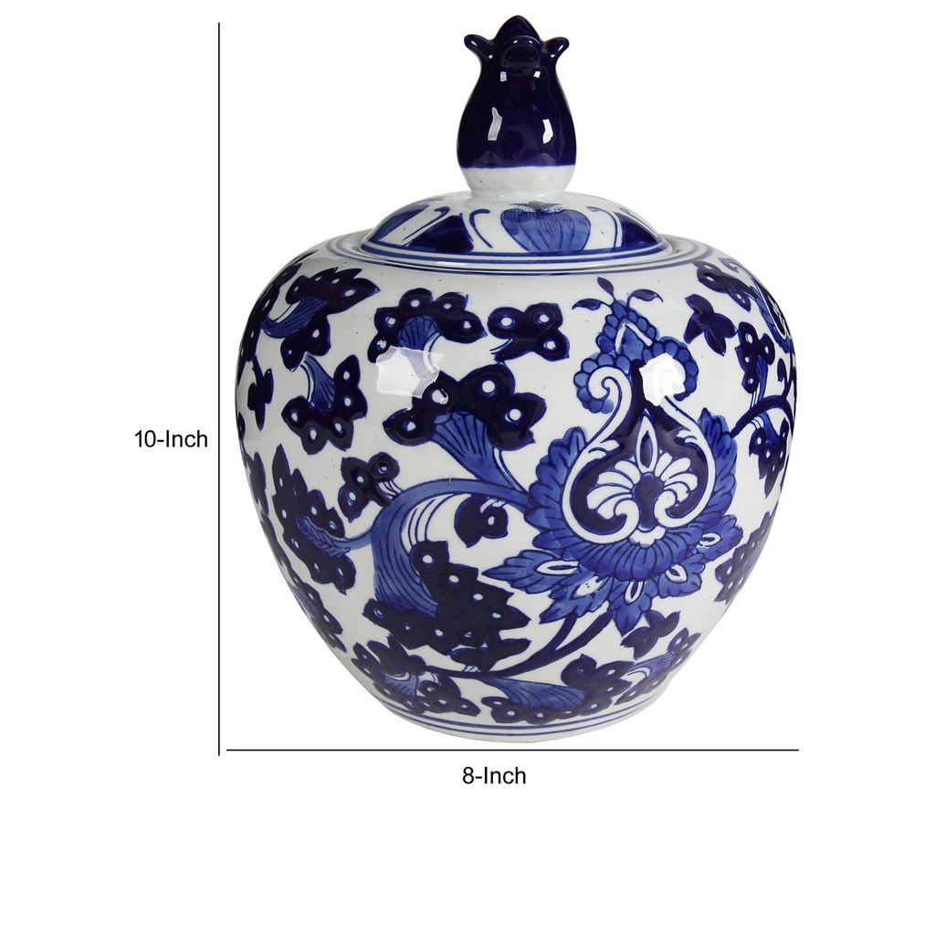 10 Inch Lidded Jar, Round Persian Floral Print, Blue and White Porcelain - View 5