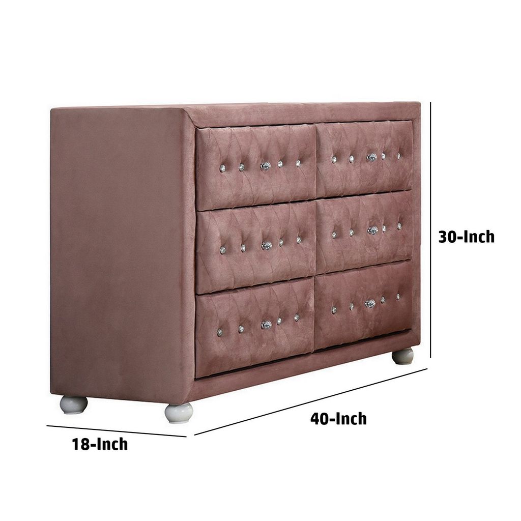 Rex 40 Inch Modern Upholstered Dresser, 6 Drawers, Crystal Handles, Pink - View 5