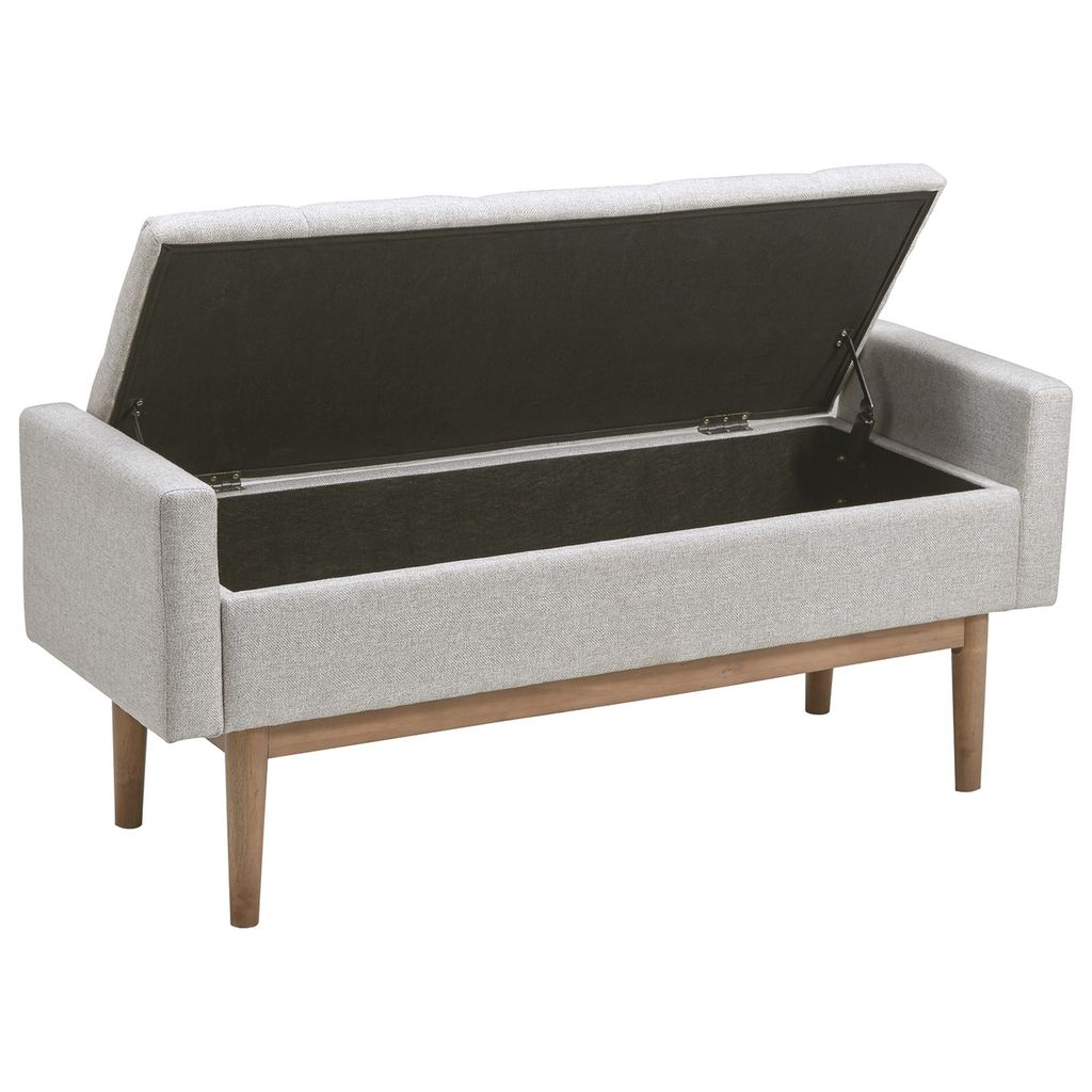 Tufted Fabric Storage Bench with Low Profile Elevated Arms, Light Gray - View 3