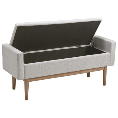 Tufted Fabric Storage Bench with Low Profile Elevated Arms, Light Gray - View 3