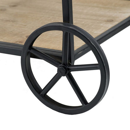 32 Inch Bar Cart, 3 Tiers, Fir Wood Shelves, Iron Frame, Black, Brown - View 4