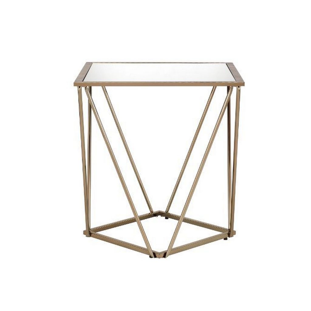 End Table with Mirror Top and Open Geometric Base, Champagne Gold - View 3