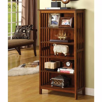 5 Tier Wooden Media Shelf with Slatted Side Panels, Oak Brown - View 2