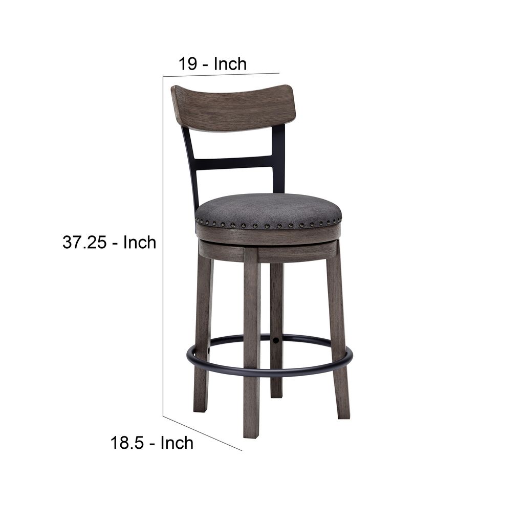 Swivel Barstool with Nailhead Trim and Curved Panel Back, Gray - View 6