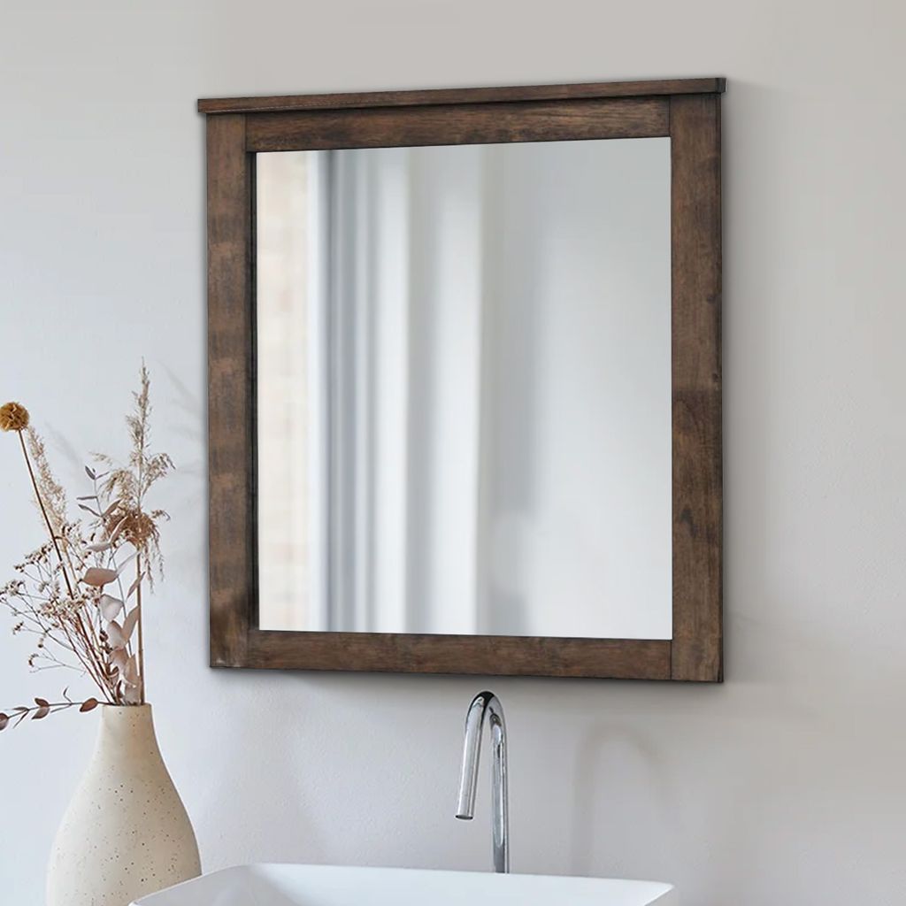 41 Inch Wood Portrait Mirror, Beveled Trim Top, Wood Grain, Oak Brown - View 7