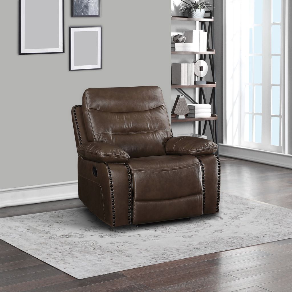 Leatherette Power Recliner with Nailhead Trim Accent, Brown - View 6