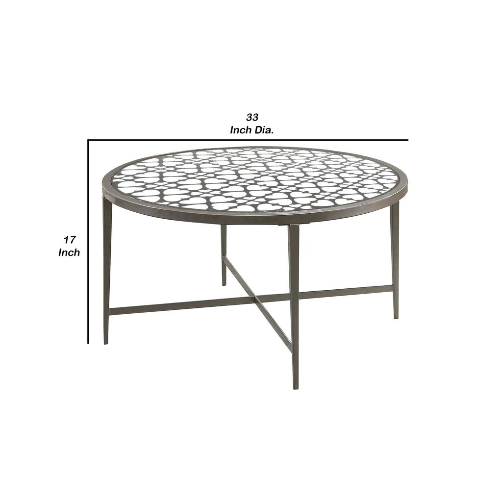 Round Glass Top Coffee Table with X Support Metal Base, Silver - View 5