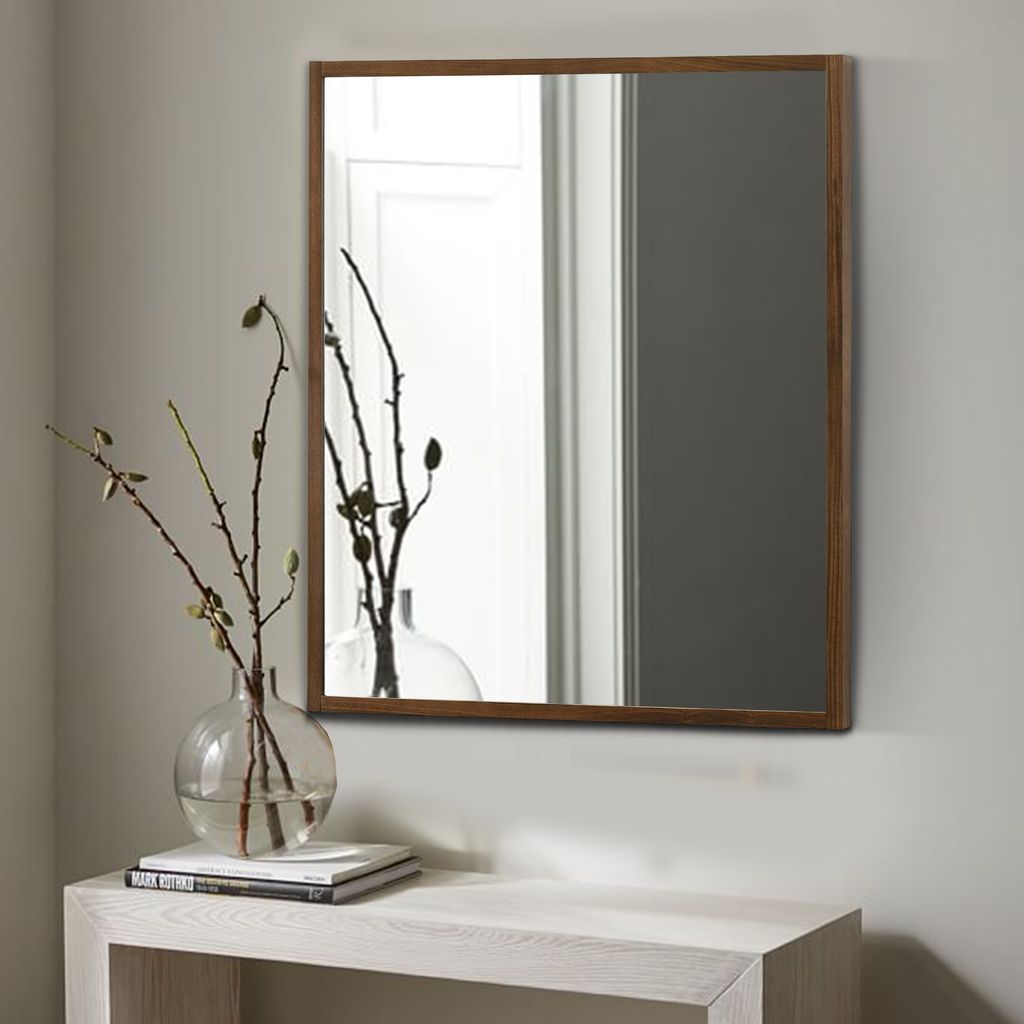 Noe 40 Inch Modern Wall Mirror, Sleek Wood Frame, Walnut Veneer - View 7