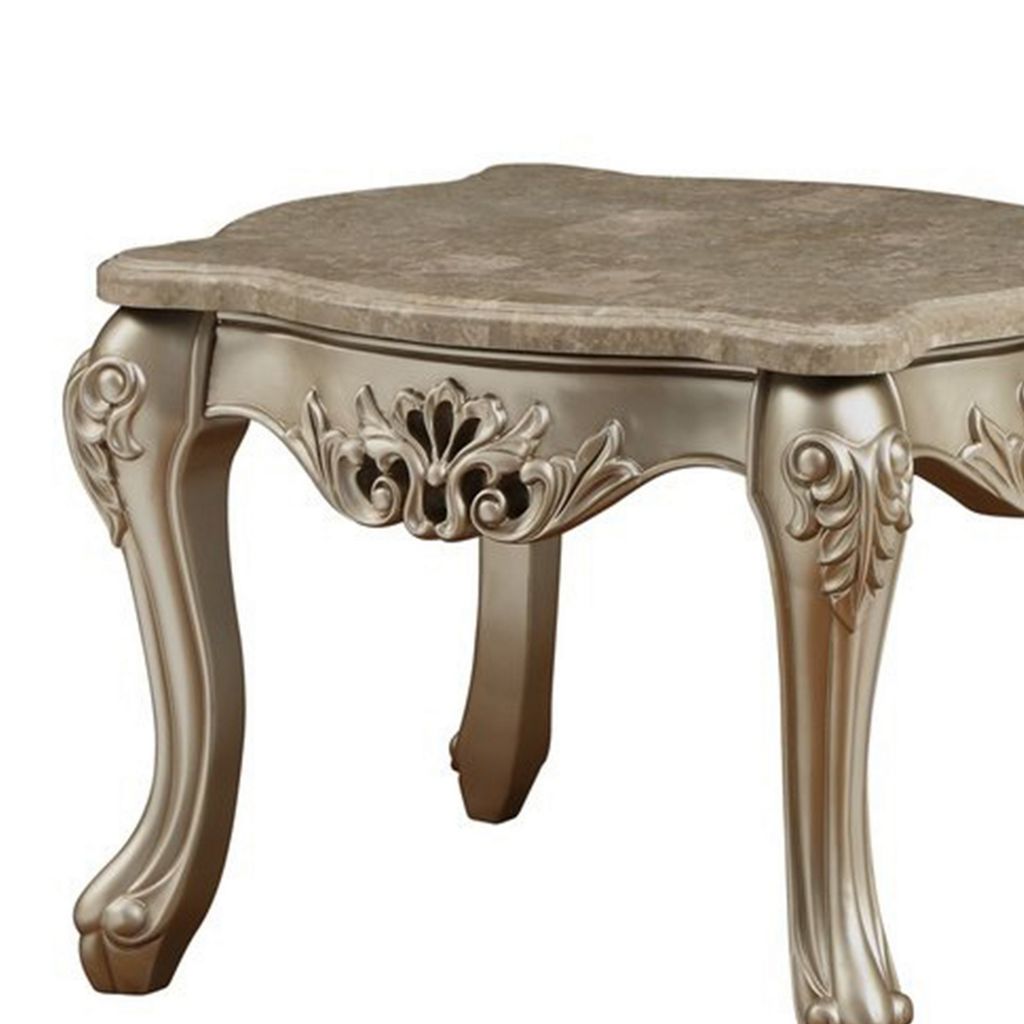 Marble Top Wooden End Table with Queen Anne Style Legs, Champagne Gold - View 4