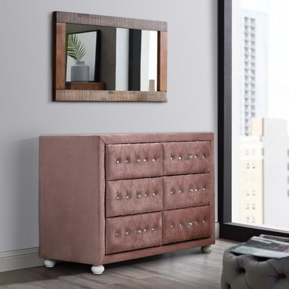 Rex 40 Inch Modern Upholstered Dresser, 6 Drawers, Crystal Handles, Pink - View 7