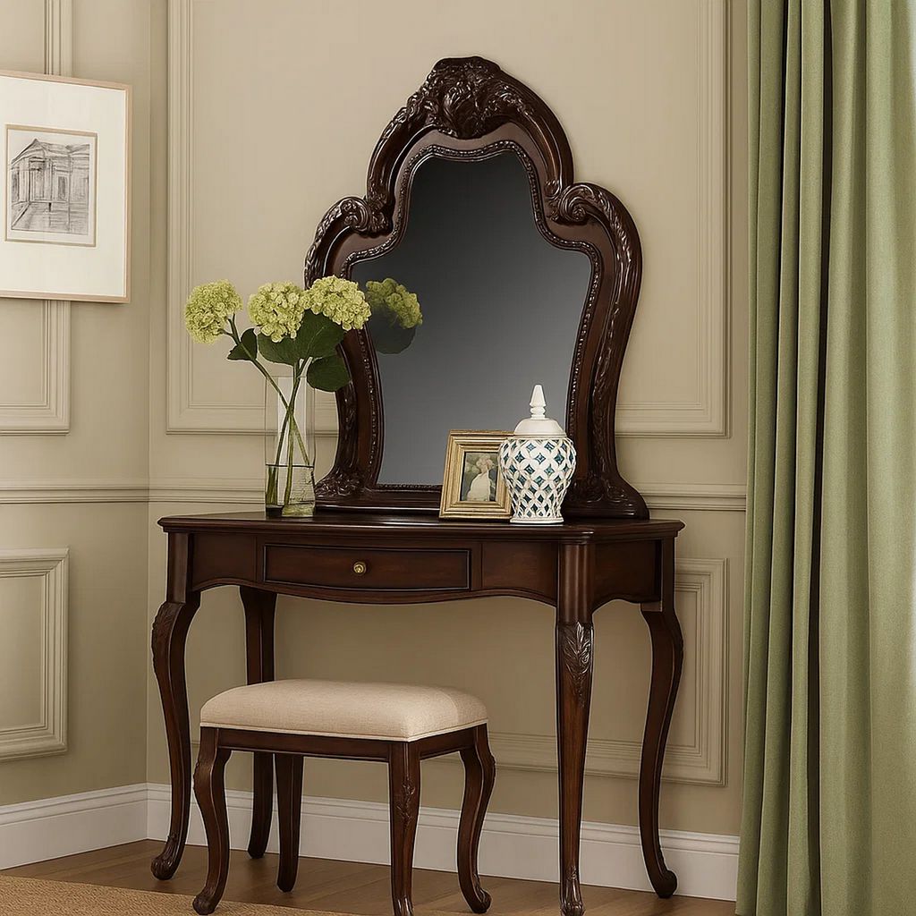 Traditional Wooden Mirror with Oversized Polyresin Scrollwork, Brown - View 7