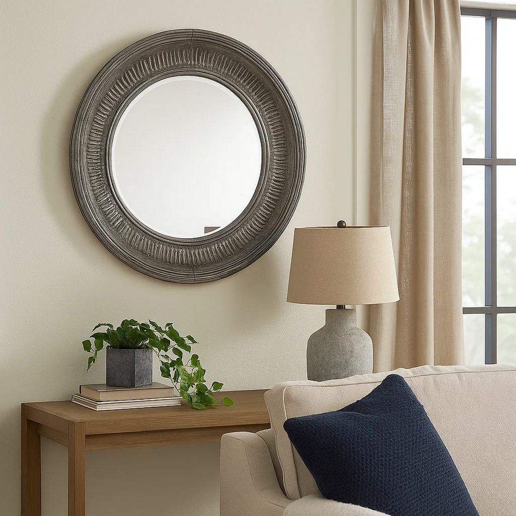 Round Wall Mirror with Thick Embossed Metal Border, Antique Gray - View 7