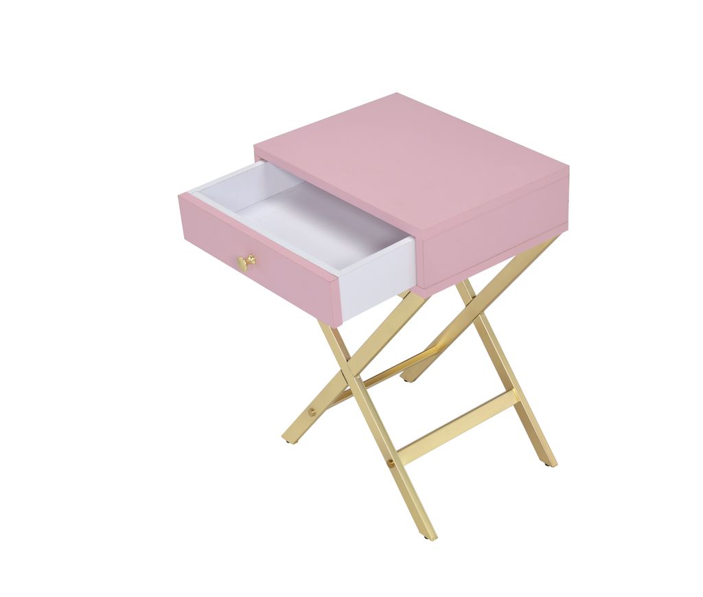 Wood and Metal Side Table with Crossed Base, Pink and Gold - View 3