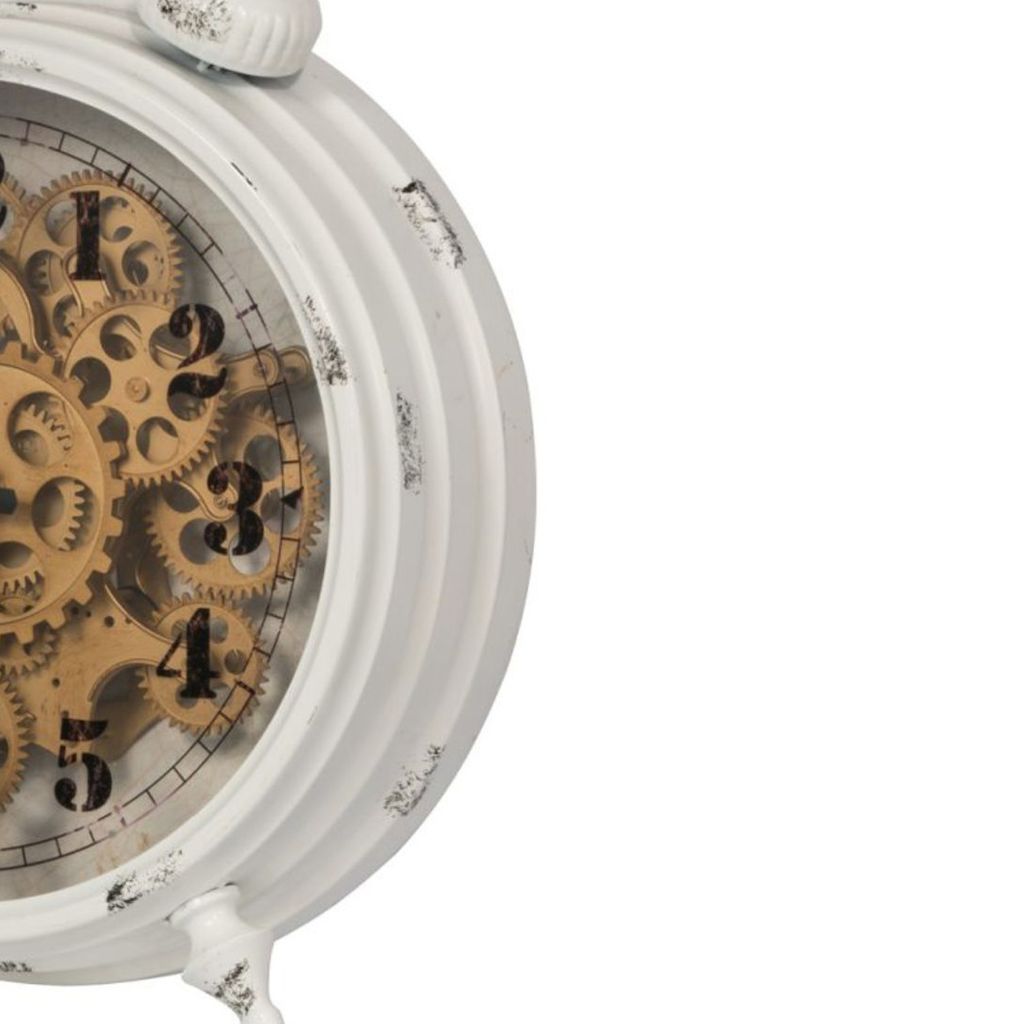 Classic Metal Table Clock with Gears Front and Distressed Details, White and Gold - View 2