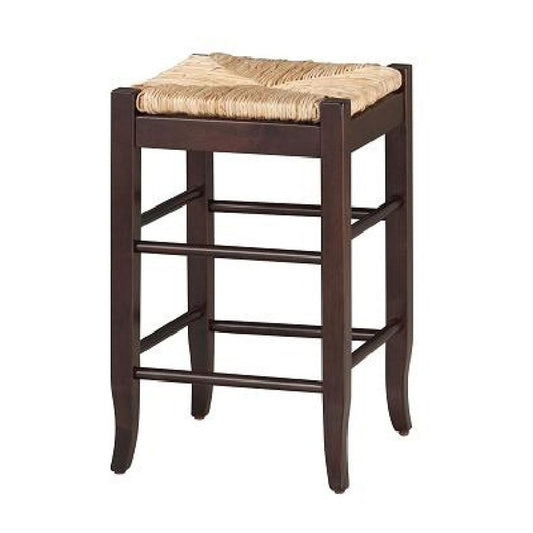 Rush Woven Wooden Frame Counter Stool with Saber Legs, Beige and Dark Brown