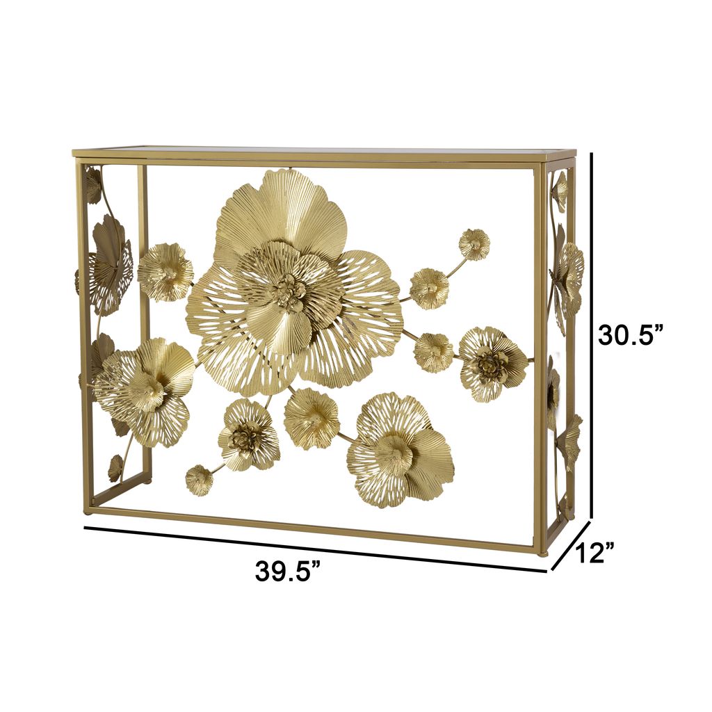 39 Inch Mirrored Top Console Table, Elegant Floral Design, Iron, Matte Gold - View 6