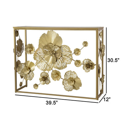 39 Inch Mirrored Top Console Table, Elegant Floral Design, Iron, Matte Gold - View 6