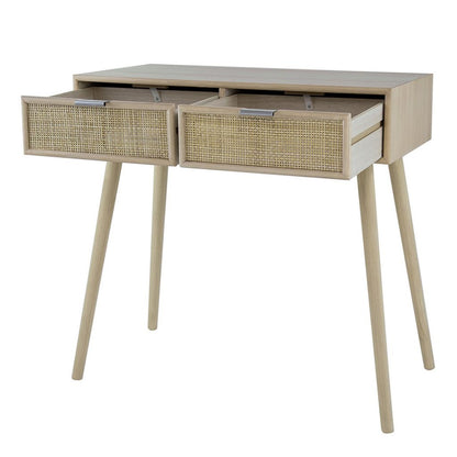 Pia 32 Inch Wood Console Table, 2 Drawers, Woven Rattan, Natural Brown - View 3