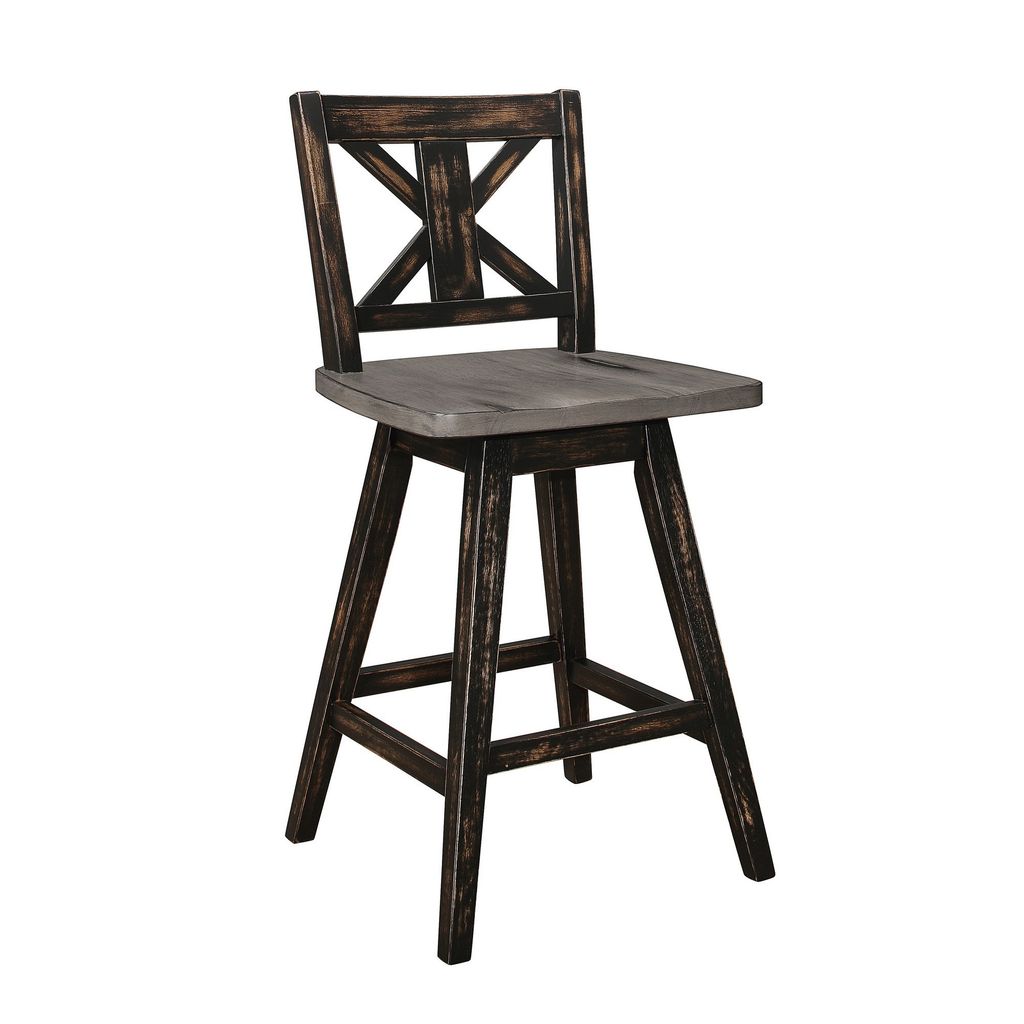 Farmhouse Swivel Counter Height Chair with X Shaped Back, Set of 2, Antique Gray, Black