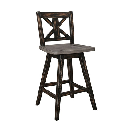 Farmhouse Swivel Counter Height Chair with X Shaped Back, Set of 2, Antique Gray, Black