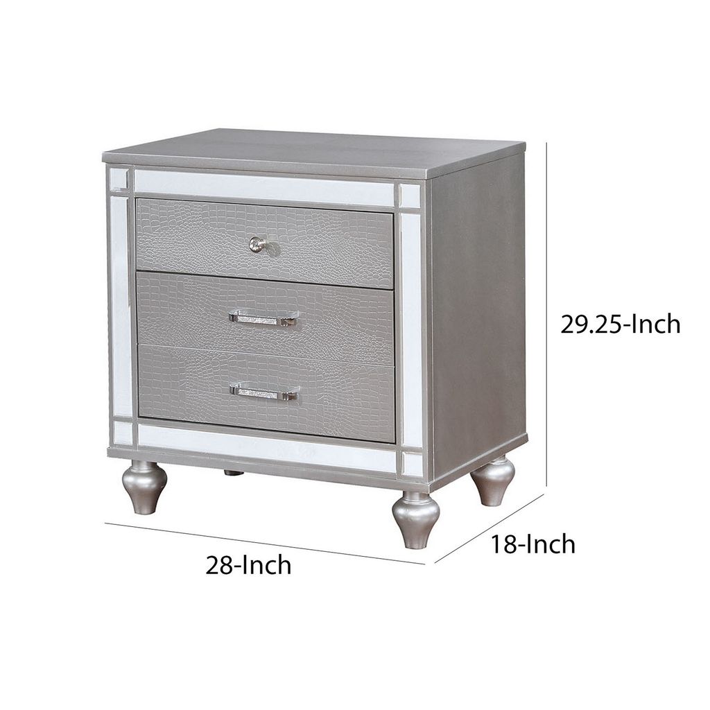 Three Drawer Solid Wood Nightstand with Mirror Accent Trim Front, Silver - View 5