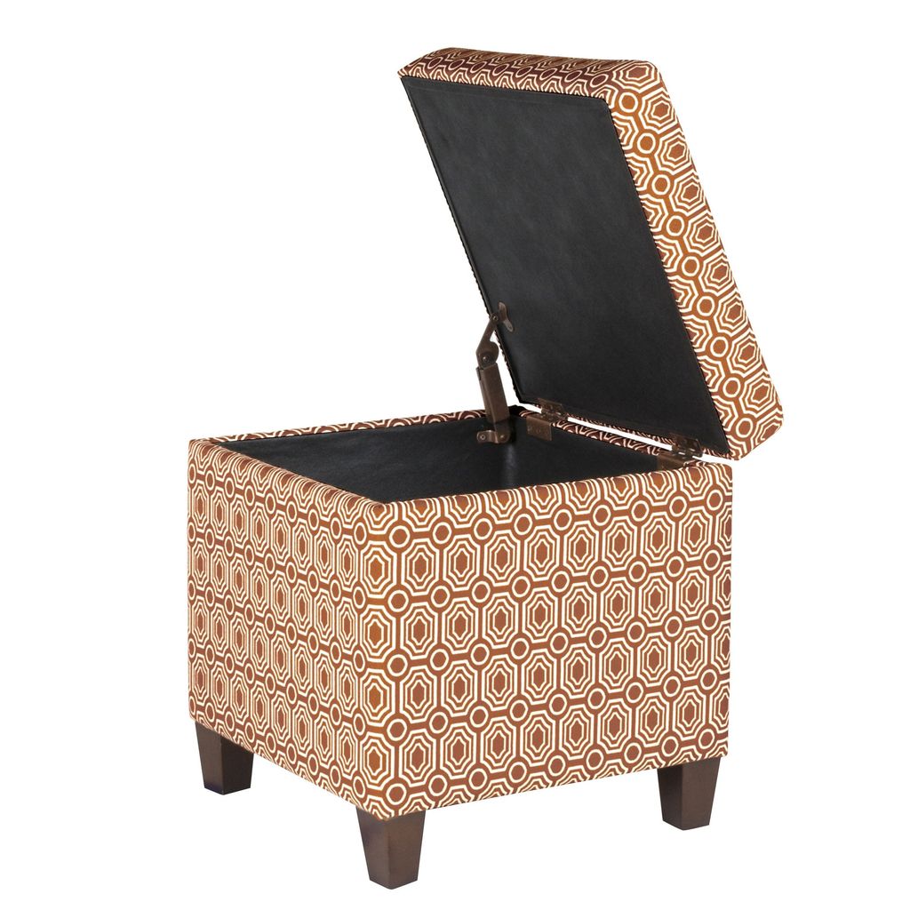 Geometric Patterned Square Wooden Ottoman with Lift Off Lid Storage, Orange and Cream - View 5