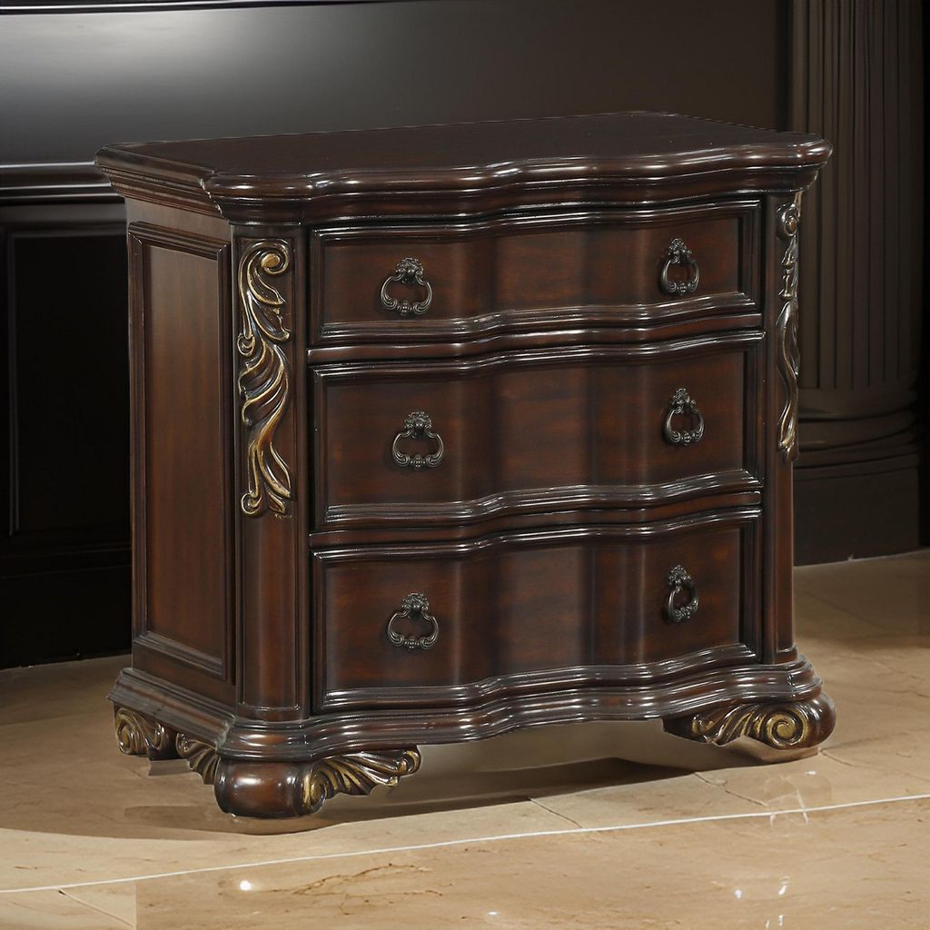 3 Drawer Nightstand with Carved Pilaster and Bracket Feet, Cherry Brown - View 7