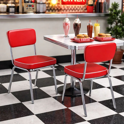 Dining Side Chair Set of 2, Retro Red Faux Leather, Chrome Metal Legs - View 7