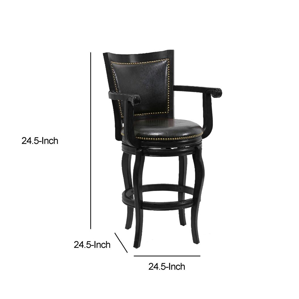 Hugo 29 Inch 360-Degree Swivel Barstool, Wood, Open Rolled Arms, Black - View 6