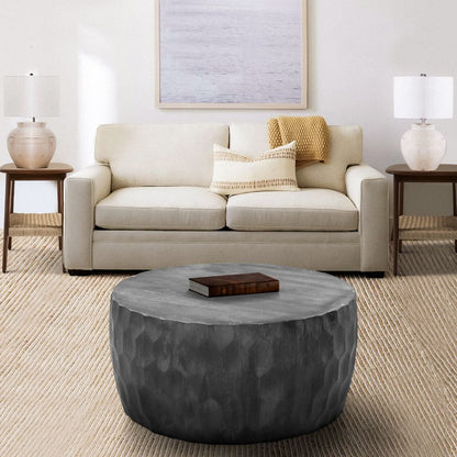 Val 34 Inch Handcrafted Mango Wood Coffee Table, Hammered Round Drum Shape, Honeycomb, Rustic Gray - View 7
