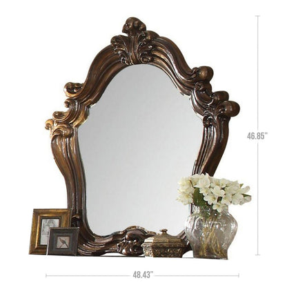 Scroll and Molded Wooden Mirror with Carved Details, Cherry Brown - View 6