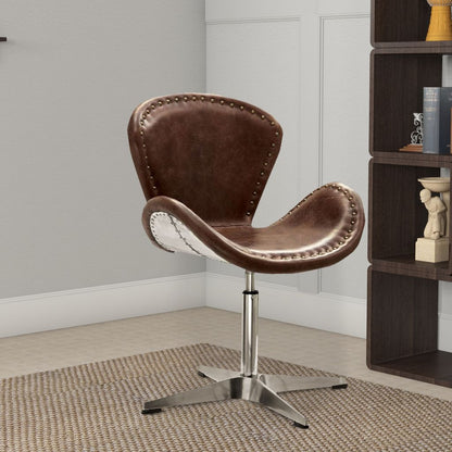 Retro Top Grain Leather Accent Chair with Swivel, Brown & Silver - View 7