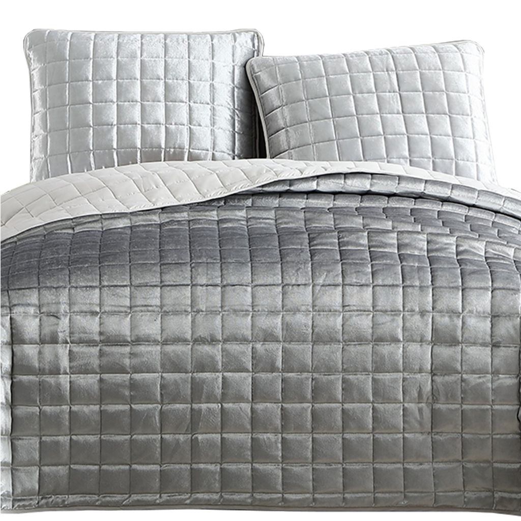 3 Piece King Size Coverlet Set with Stitched Square Pattern, Silver - View 3