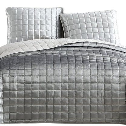 3 Piece King Size Coverlet Set with Stitched Square Pattern, Silver - View 3