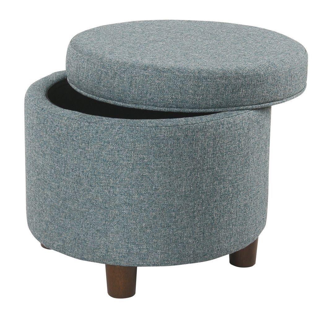 Fabric Upholstered Round Wooden Ottoman with Lift Off Lid Storage, Teal Blue - View 4