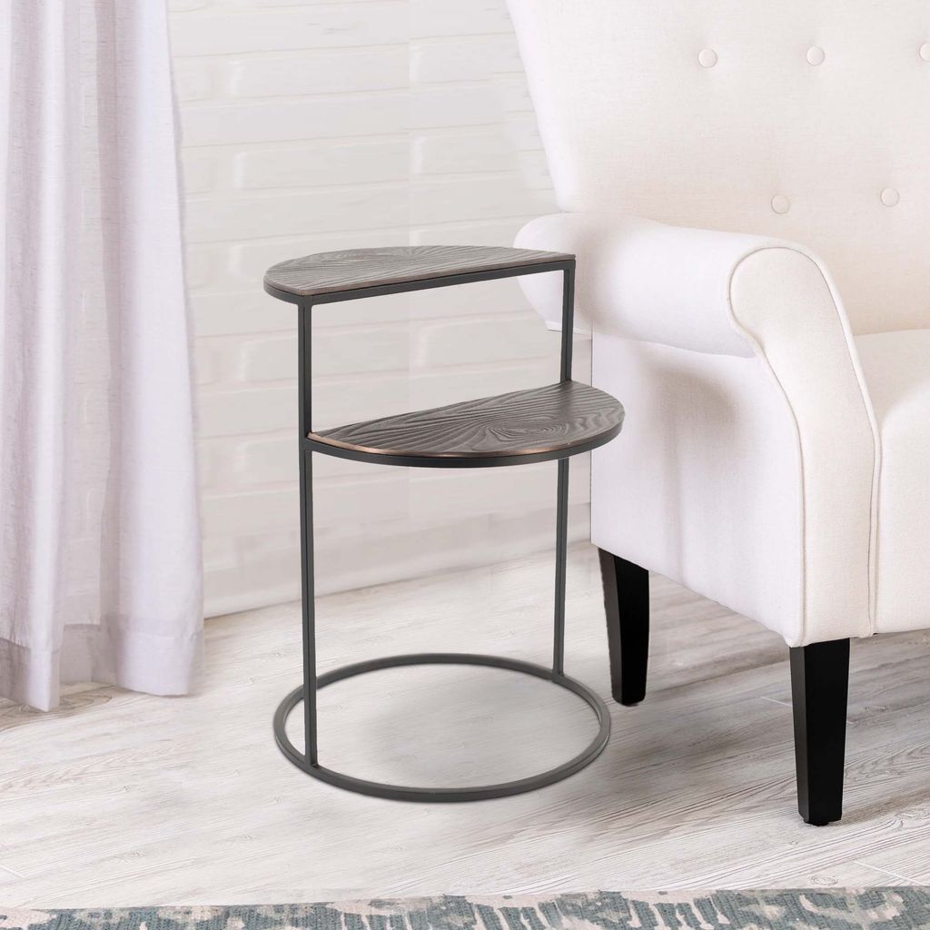 22 Inch Modern Metal Round Accent Table, 2 Half Circle Shelves, Wood, Brown - View 7