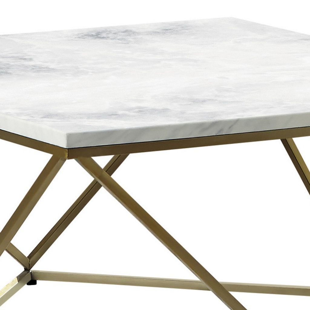 36 Inch Modern Square Coffee Table, White Faux Marble Top, Slender Gold Base - View 3