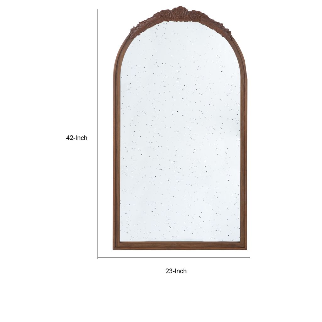 Eel 42 Inch Wall Mirror, Brown Arched Wood Frame, Hand Carved Rose Accent - View 5