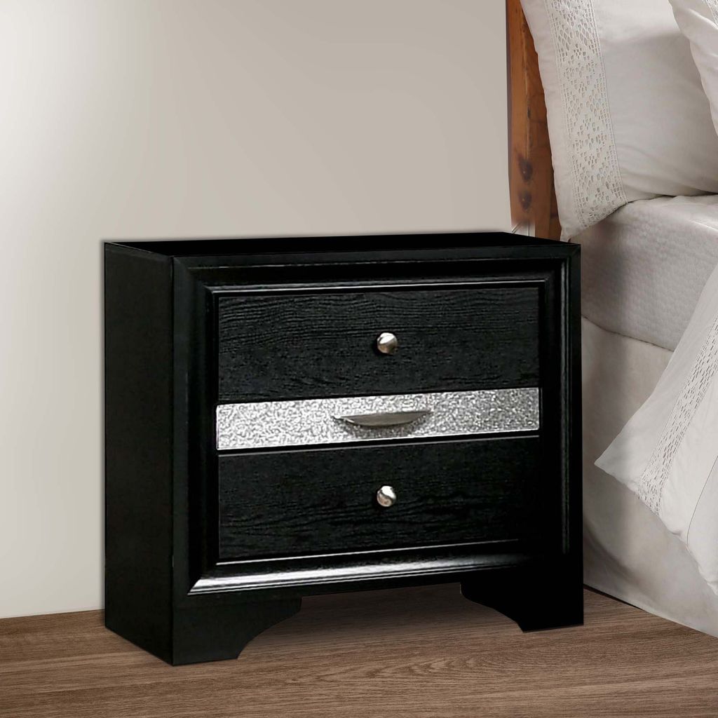 Nightstand with Silver Trim Accent and 1 Jewelry Drawer, Black - View 7