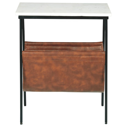 Marble Top Accent Table with Faux Leather Swing Holder, White and Brown - View 2