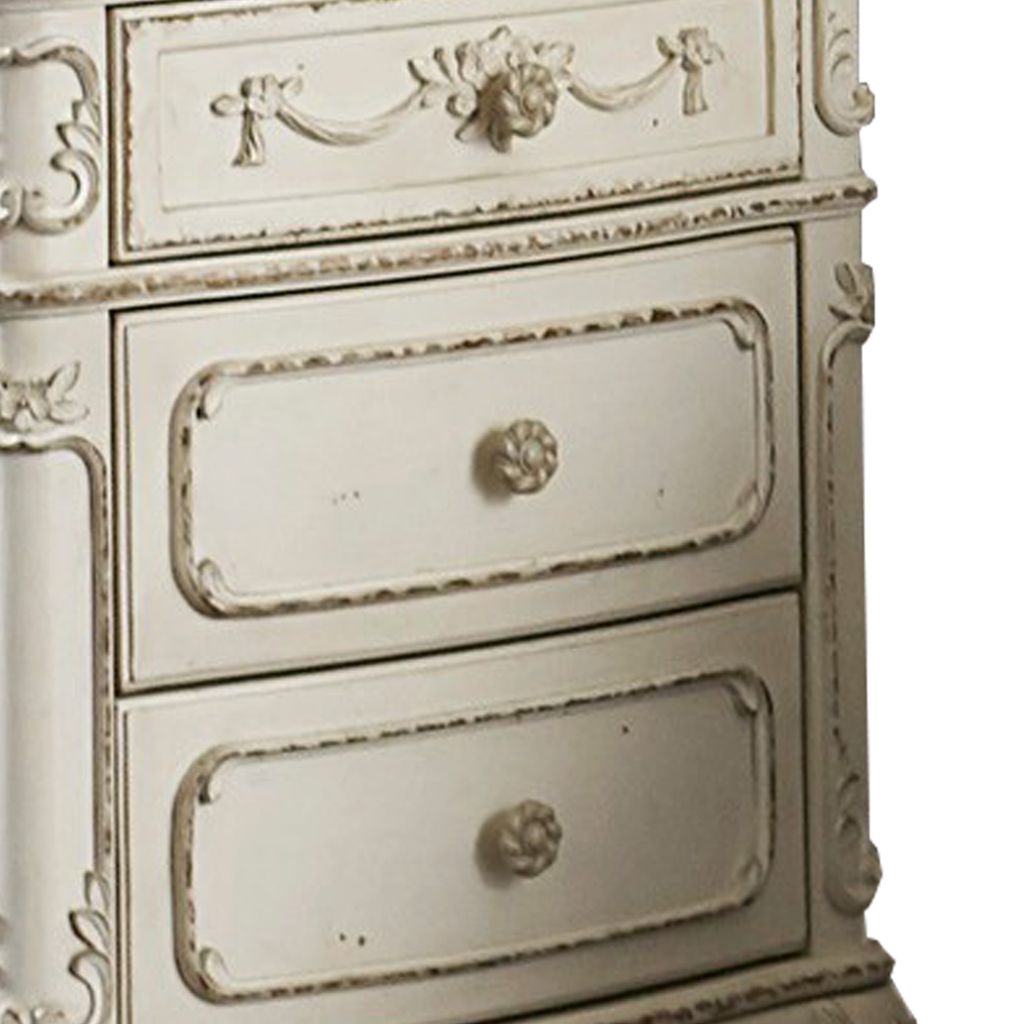 3 Drawer Nightstand with Floral Motif Carving Details, Antique White and Brown - View 3