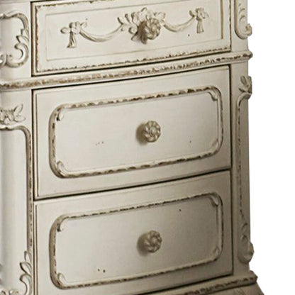 3 Drawer Nightstand with Floral Motif Carving Details, Antique White and Brown - View 3