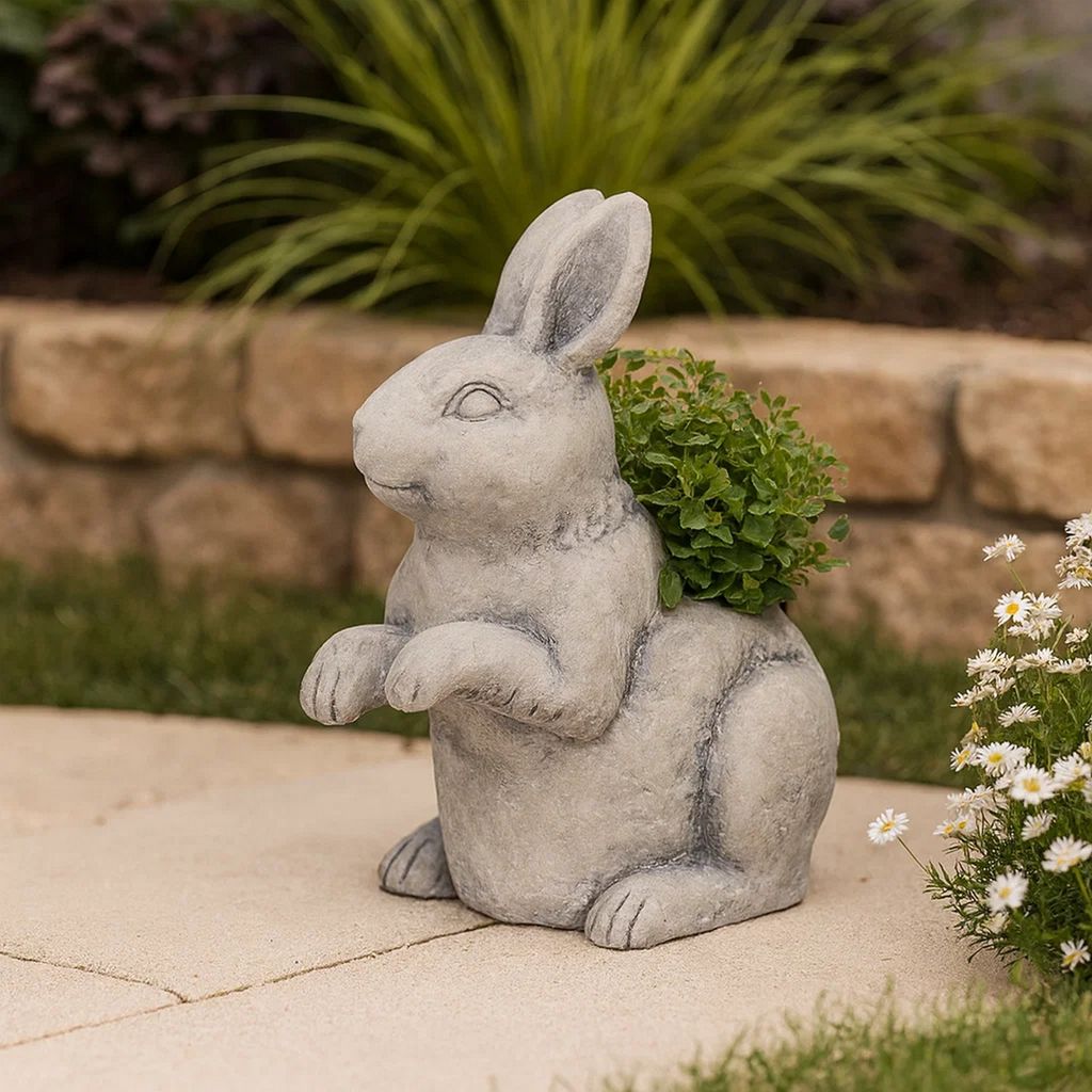 Antique Styled Raw Textured Polyresin Standing Rabbit Planter, Gray - View 7