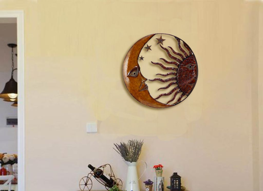 21 Inch Handcrafted Sun and Moon Accent Wall Decor, Round Metal Wall Mount, Rustic Gold, Bronze - View 2