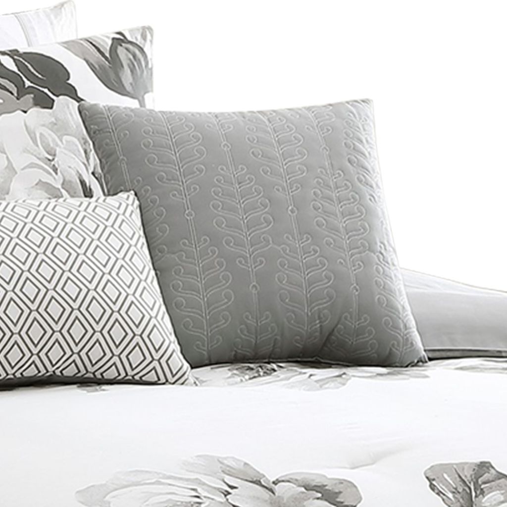 7 Piece Cotton Queen Comforter Set with Floral Print, Gray and White - View 3