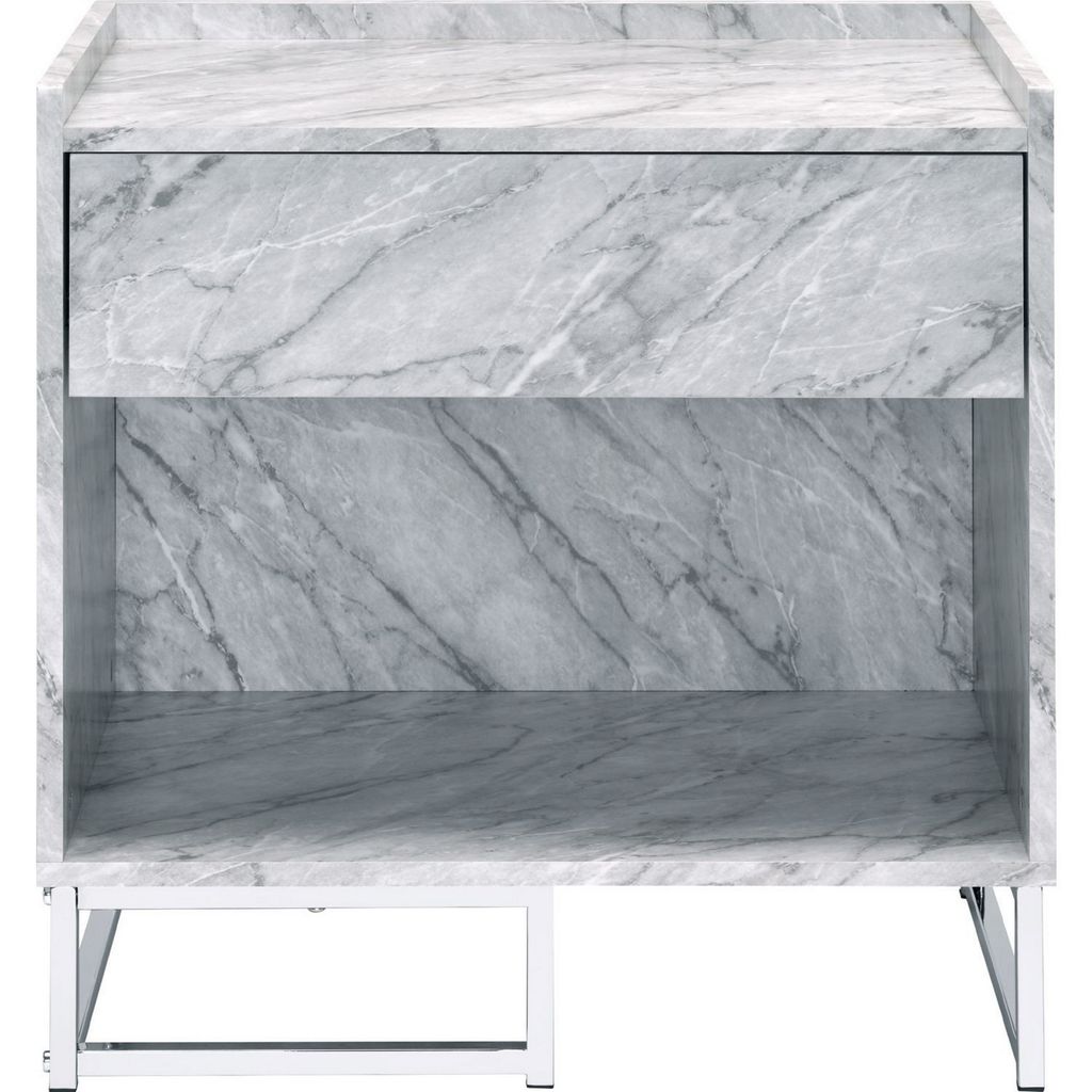 Faux Marble Accent Table with Chrome Finish, White - View 3