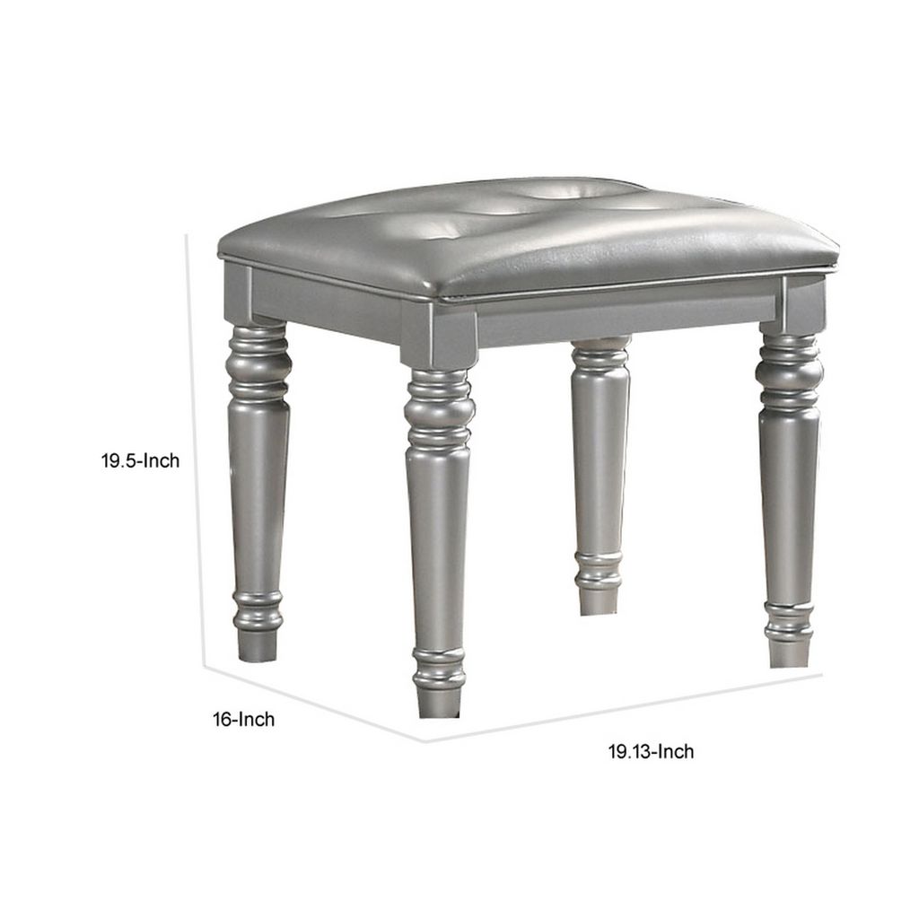 Kya 20 Inch Vanity Stool with Tufted Vegan Faux Leather Seat, Glam Silver - View 5