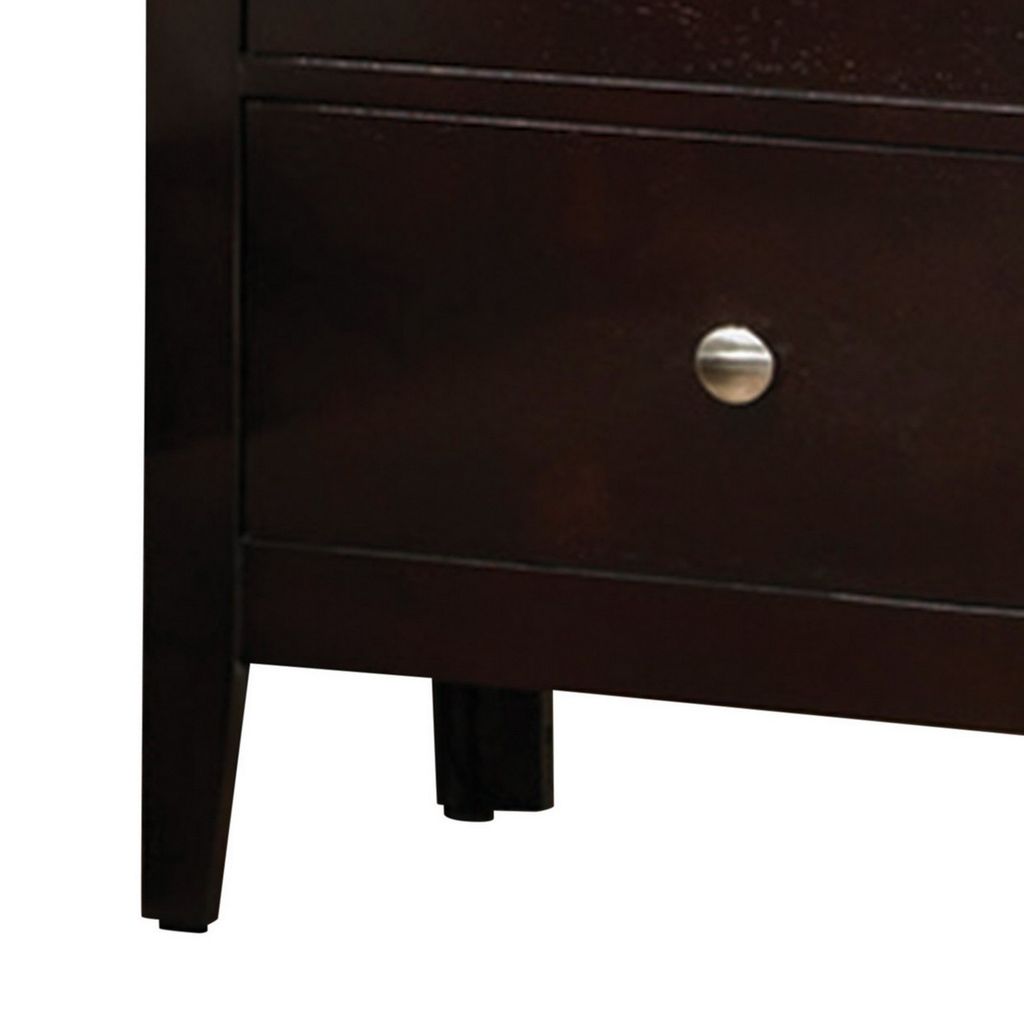 Con 26 Inch Modern 2 Drawer Nightstand, Silver Knobs, Cappuccino Brown - View 4