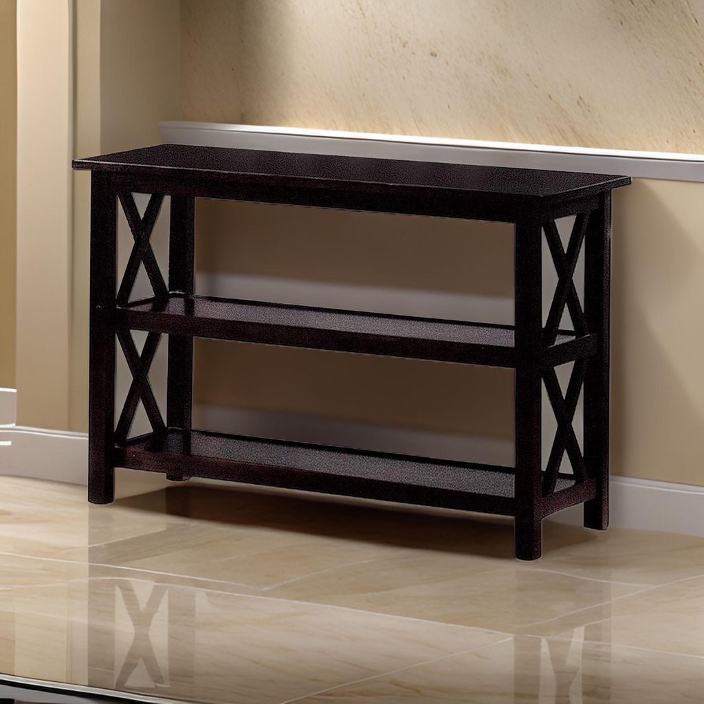 Transitional Wooden Sofa Table With "X" Side Design & Two Shelves, Dark Brown - View 7